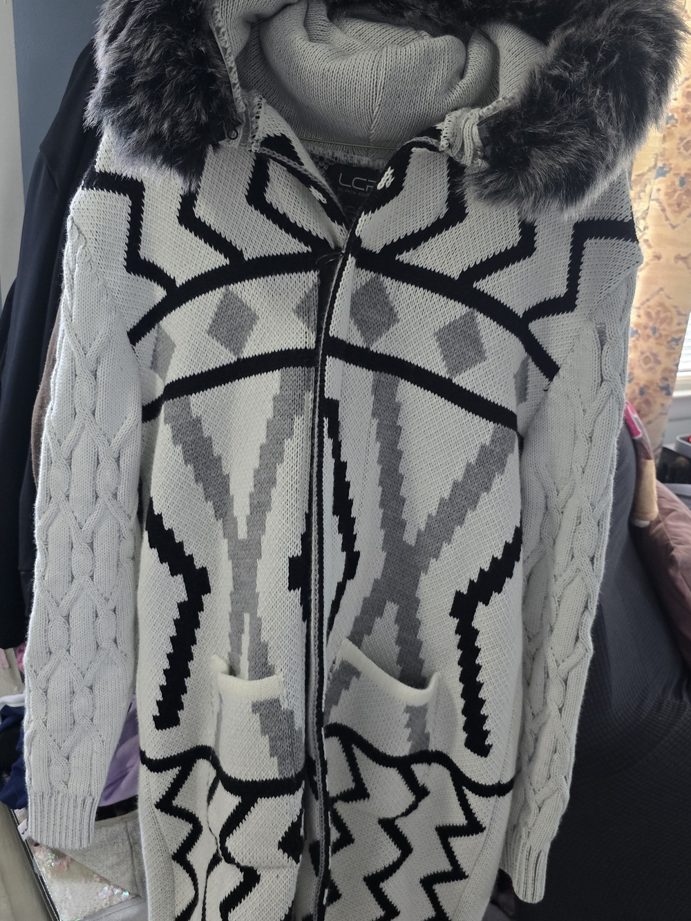 Mens White & Gray Knit Coatigan with Faux Fur Hood